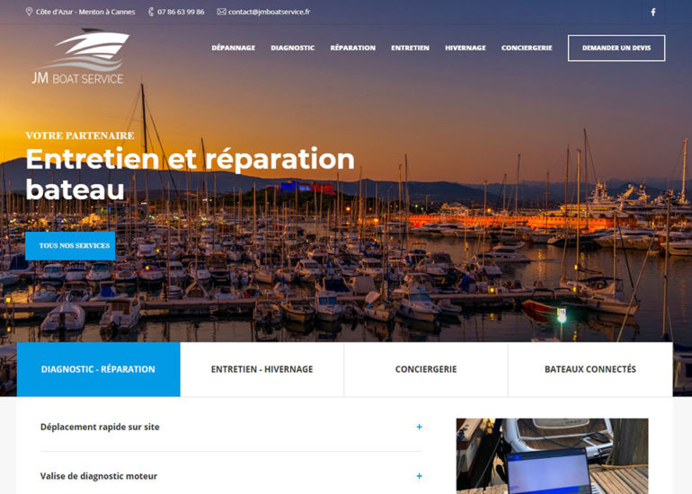 Création site internet de JMboatservice, responsive design. Charte graphique et logo