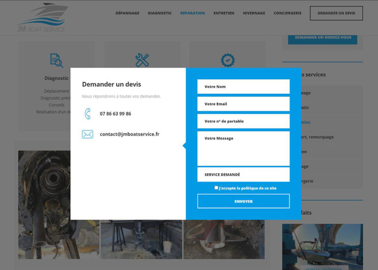 Création site internet de JMboatservice, responsive design. Charte graphique et logo