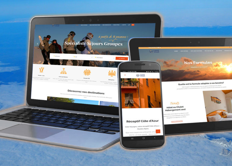 Webdesign pour Côté Voyages webmarketing: élaboration de la stratégie globale, production de contenus web, emailing, Community manager, e-réputation, SEA et des travaux de Print.