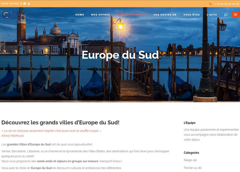 Webdesign pour Côté Voyages webmarketing: élaboration de la stratégie globale, production de contenus web, emailing, Community manager, e-réputation, SEA et des travaux de Print.