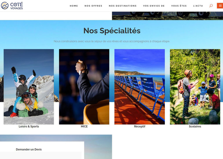 Webdesign pour Côté Voyages webmarketing: élaboration de la stratégie globale, production de contenus web, emailing, Community manager, e-réputation, SEA et des travaux de Print.