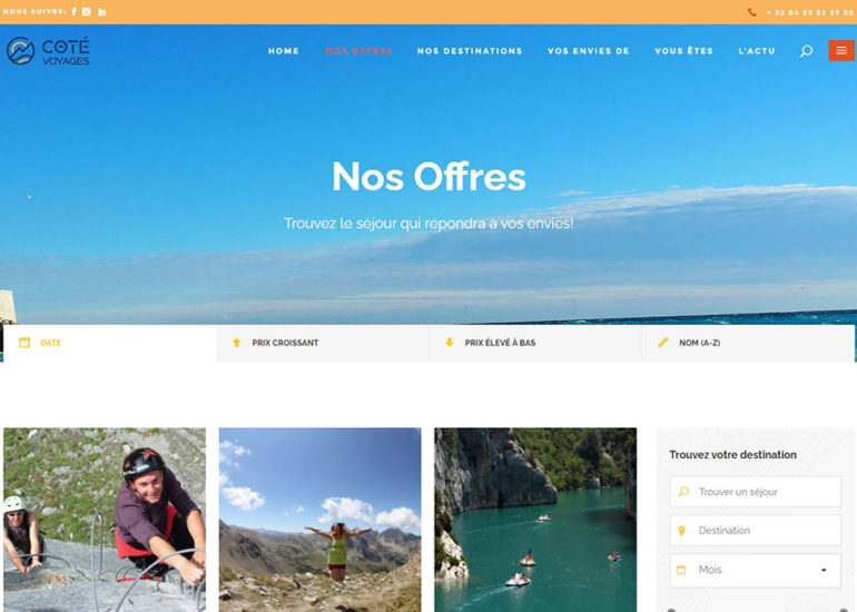 Webdesign pour Côté Voyages webmarketing: élaboration de la stratégie globale, production de contenus web, emailing, Community manager, e-réputation, SEA et des travaux de Print.