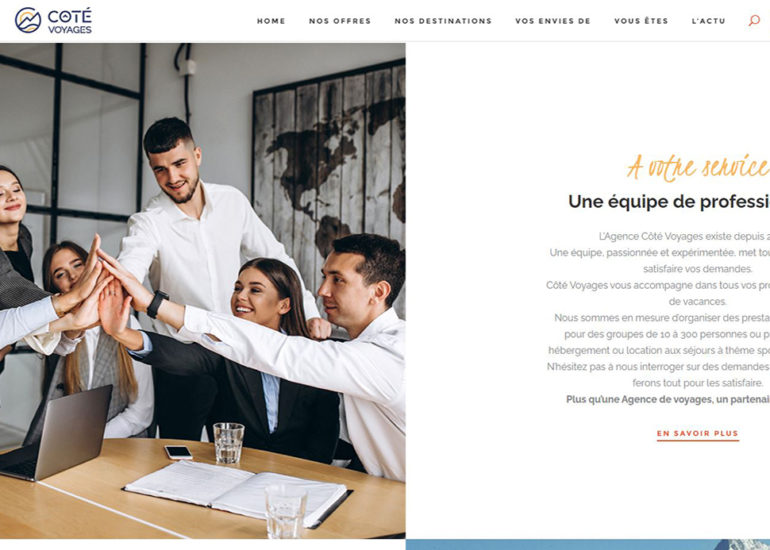 Webdesign pour Côté Voyages webmarketing: élaboration de la stratégie globale, production de contenus web, emailing, Community manager, e-réputation, SEA et des travaux de Print.