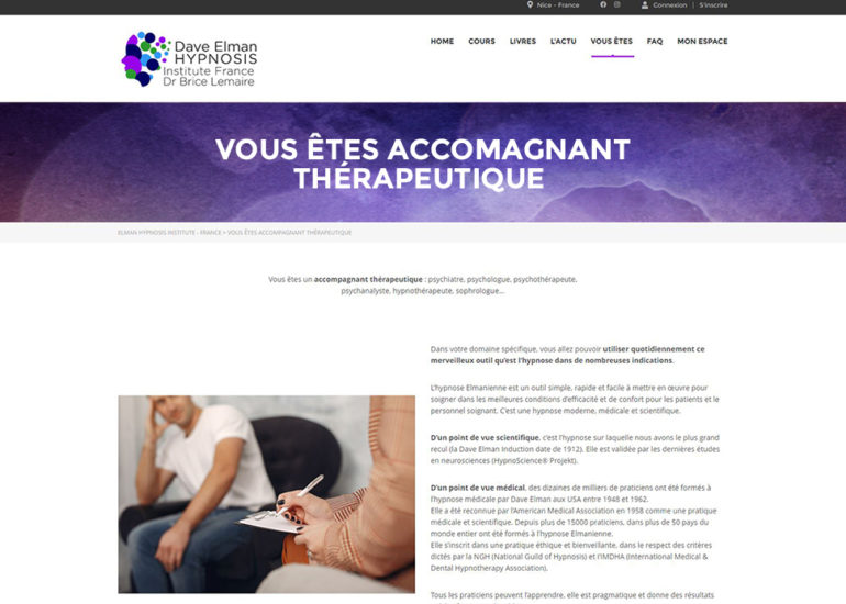 Création site internet de Dave Elman Hypnosis Institute France, responsive design. Charte graphique et logo